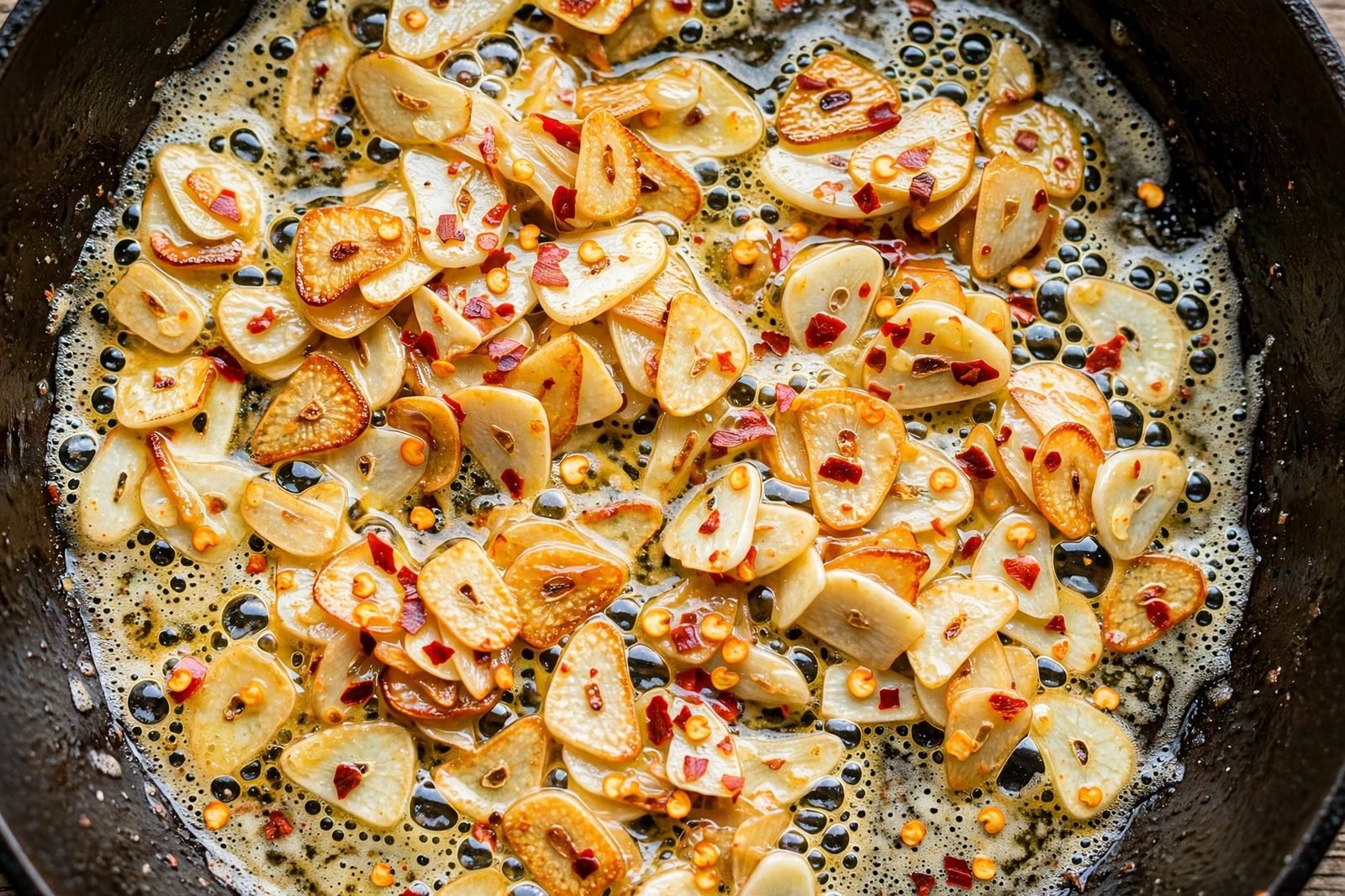Sliced garlic and red pepper flakes sizzling in butter