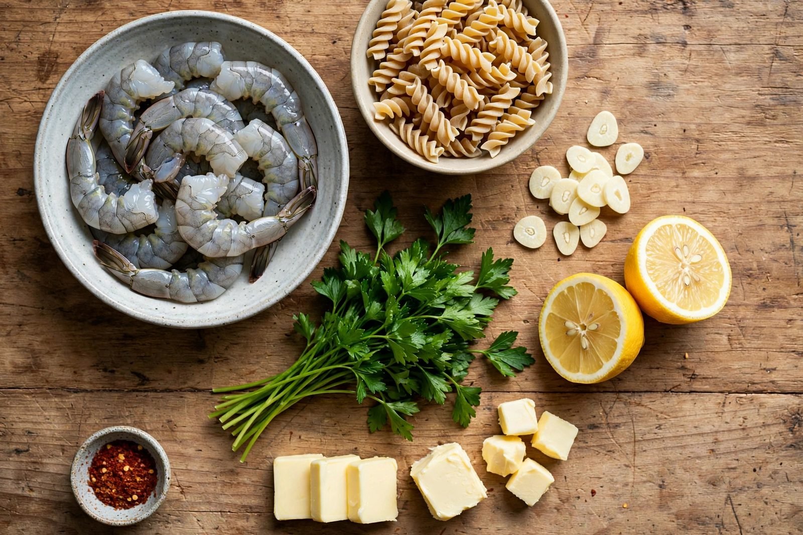 Ingredients for shrimp scampi: raw shrimp, dry chickpea rotini, garlic, lemon, parsley, butter