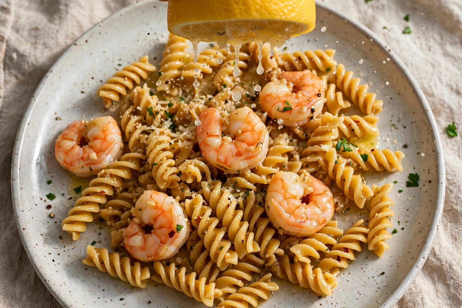 Lemon squeezed over plated shrimp scampi pasta, close-up