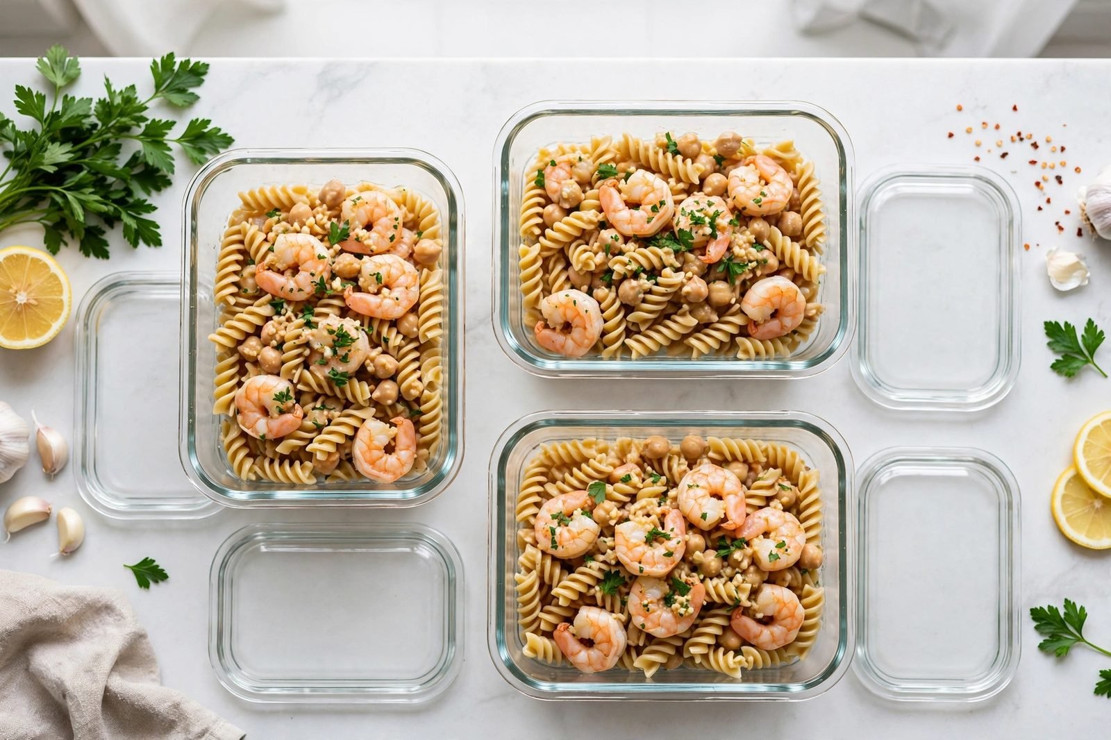 Glass meal-prep containers with shrimp scampi pasta