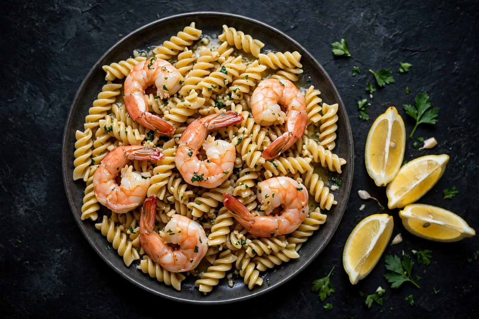 Overhead plated serving of shrimp scampi with lemon wedges