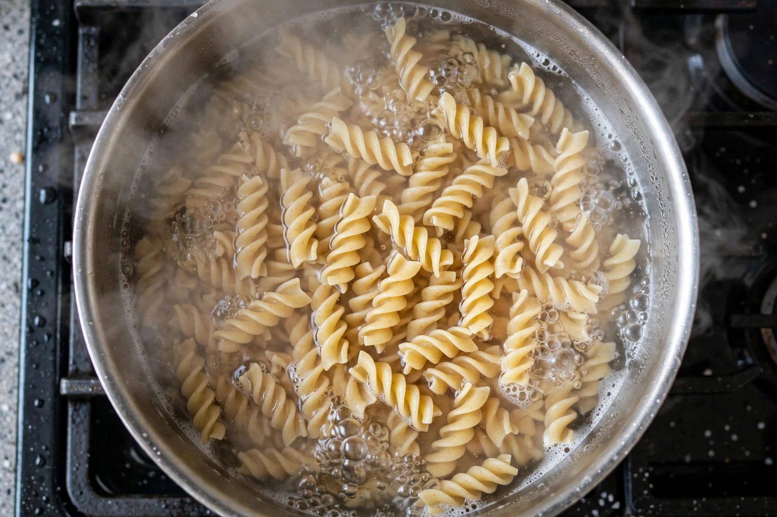 Chickpea rotini boiling in a large pot