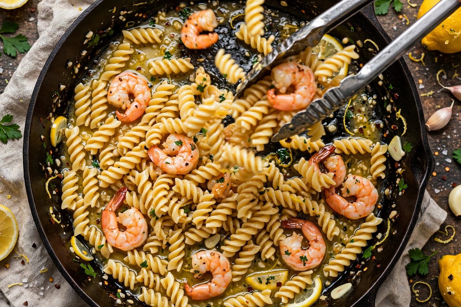 Chickpea pasta tossed with shrimp in glossy garlic butter sauce