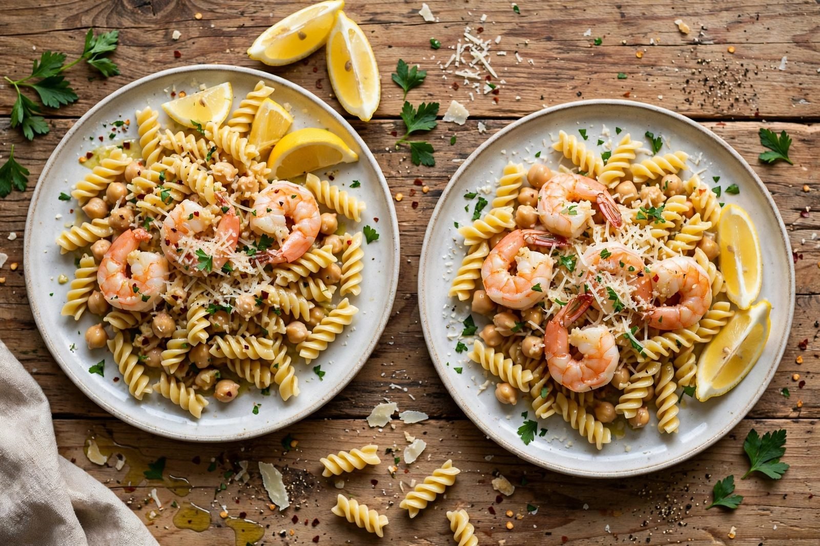 Plated servings of shrimp scampi with Parmesan and parsley