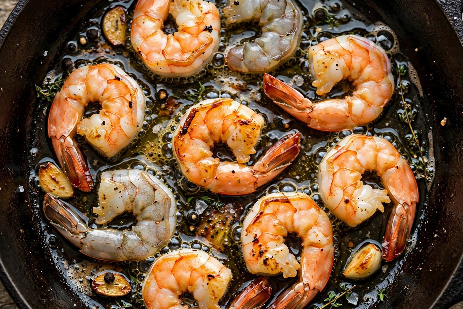 Shrimp searing in a skillet, turning pink