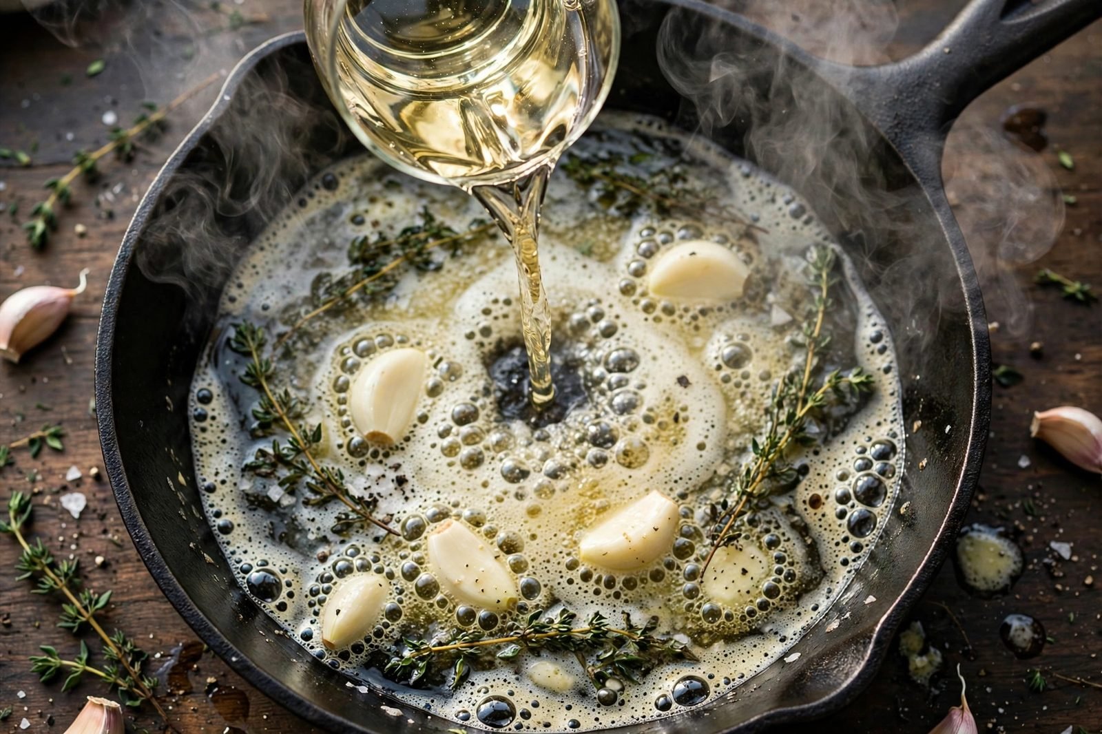 White wine being poured into the skillet to deglaze
