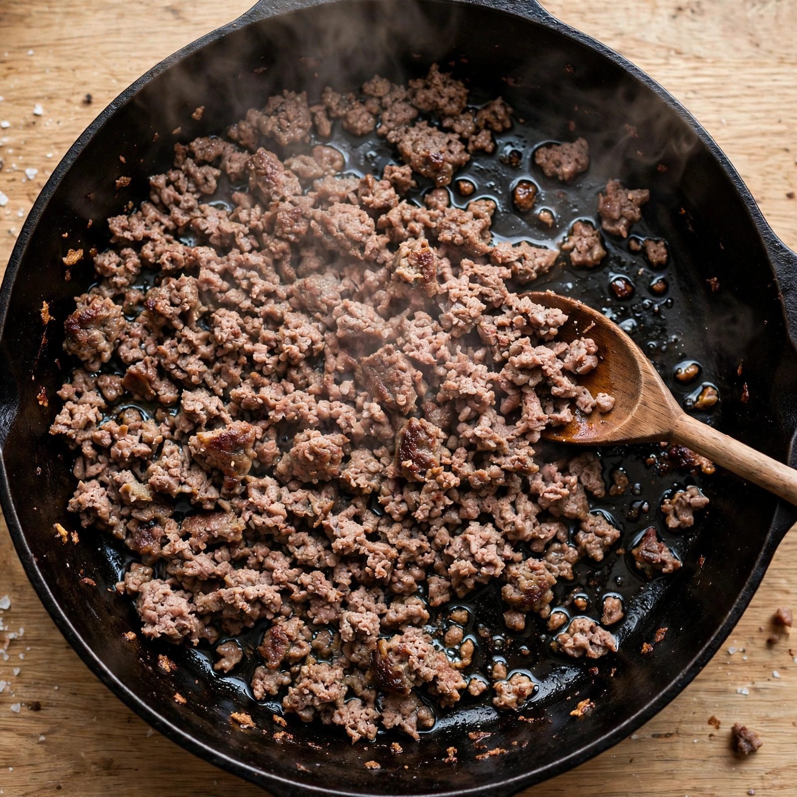 Ground beef browning in a large skillet