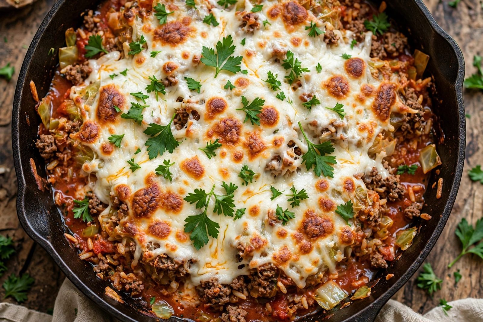 Mozzarella cheese melting over the finished cabbage roll skillet