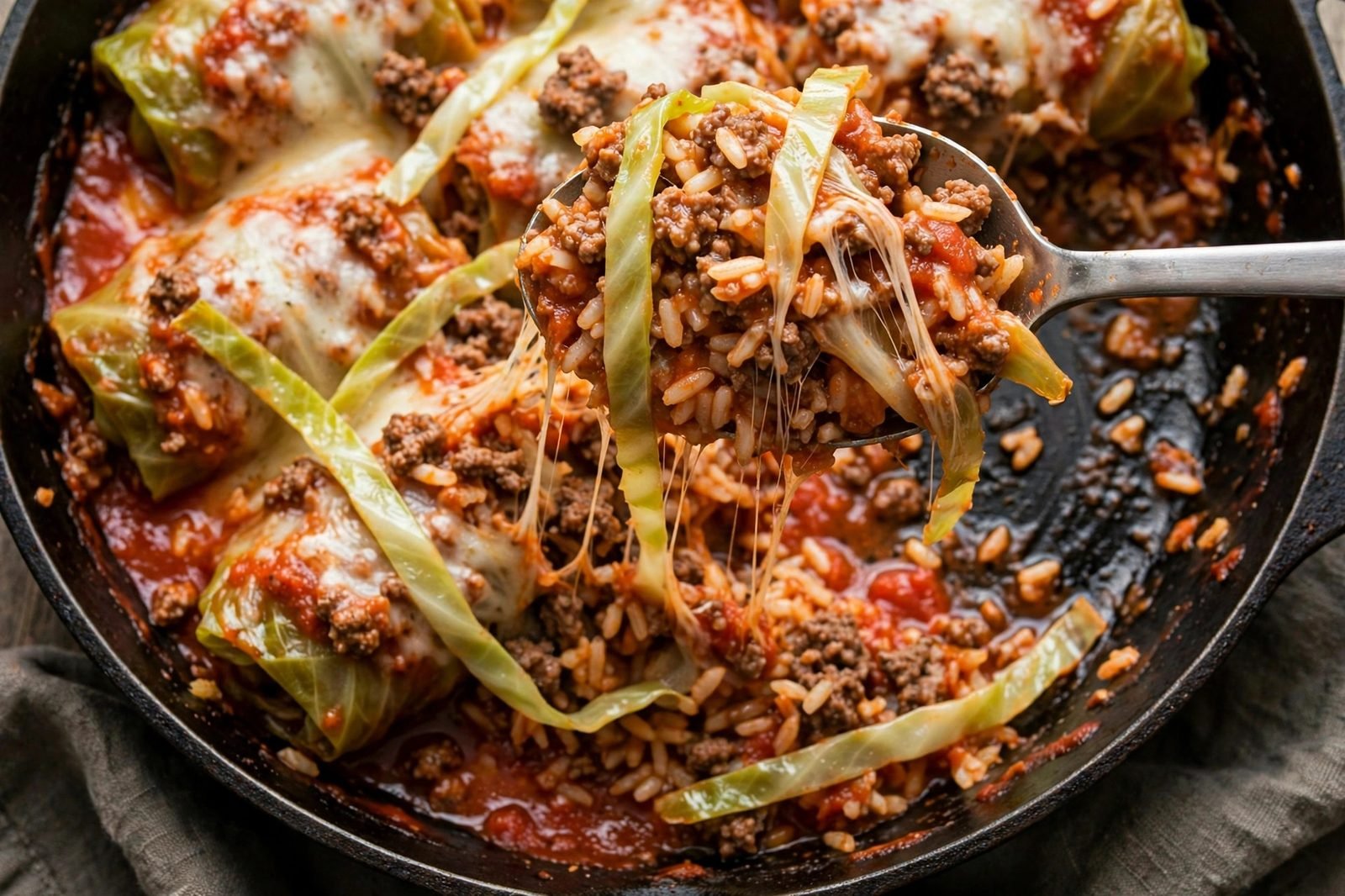 Close-up of a spoonful of unstuffed cabbage roll skillet showing beef, cabbage, and rice