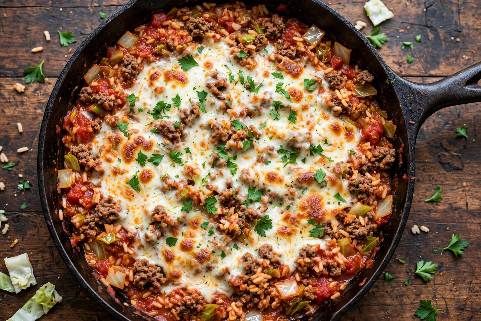 Overhead view of an unstuffed cabbage roll skillet with ground beef, cabbage, rice, melted cheese, and parsley