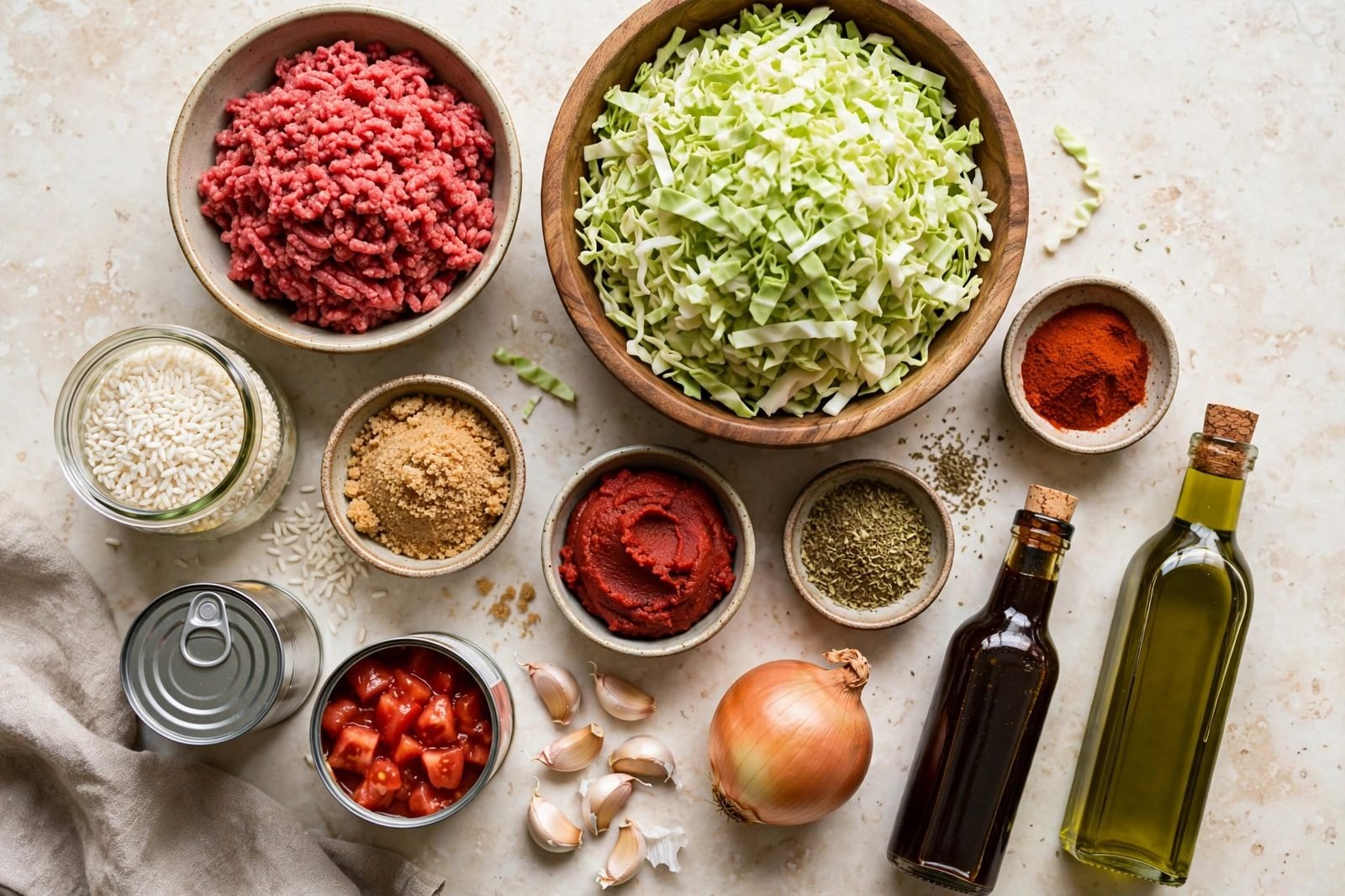 Overhead view of ingredients for unstuffed cabbage roll skillet arranged on a countertop