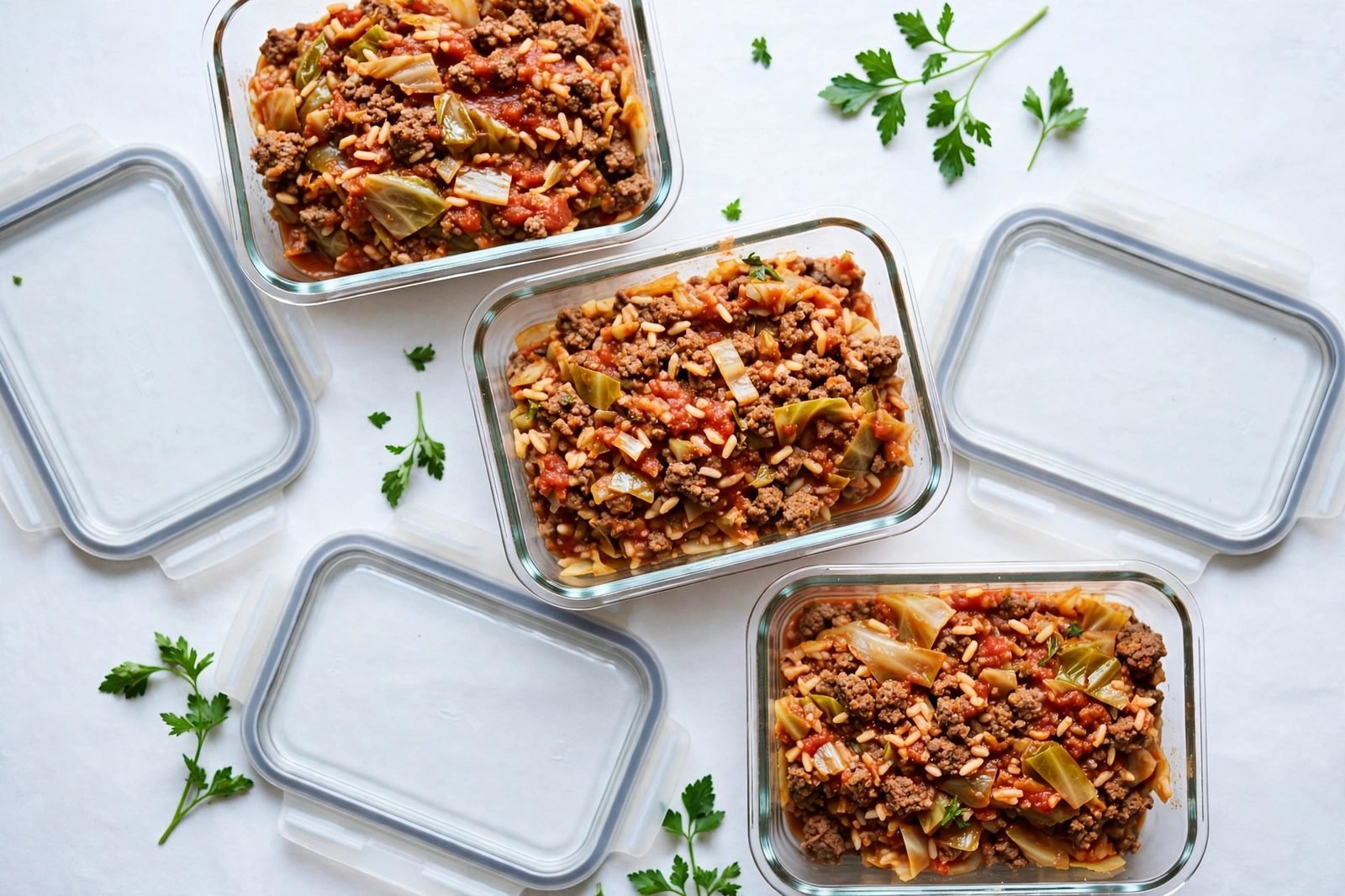 Glass meal-prep containers filled with unstuffed cabbage roll skillet