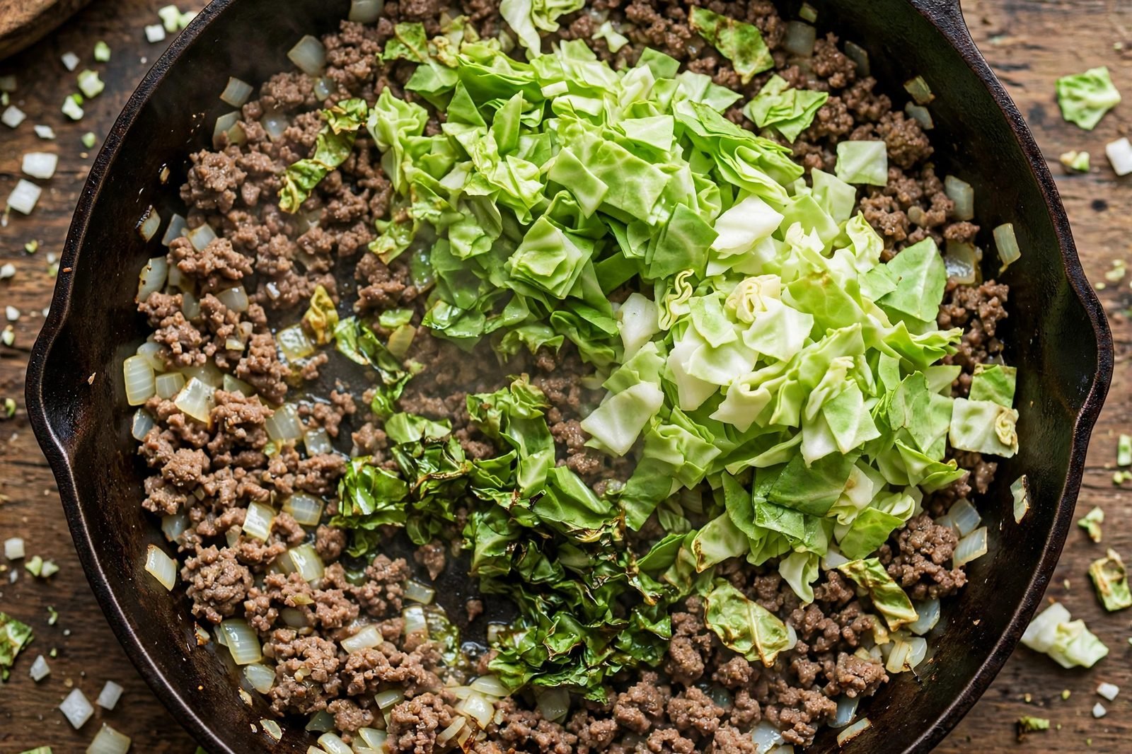 Diced onion and chopped cabbage added to browned ground beef in a skillet