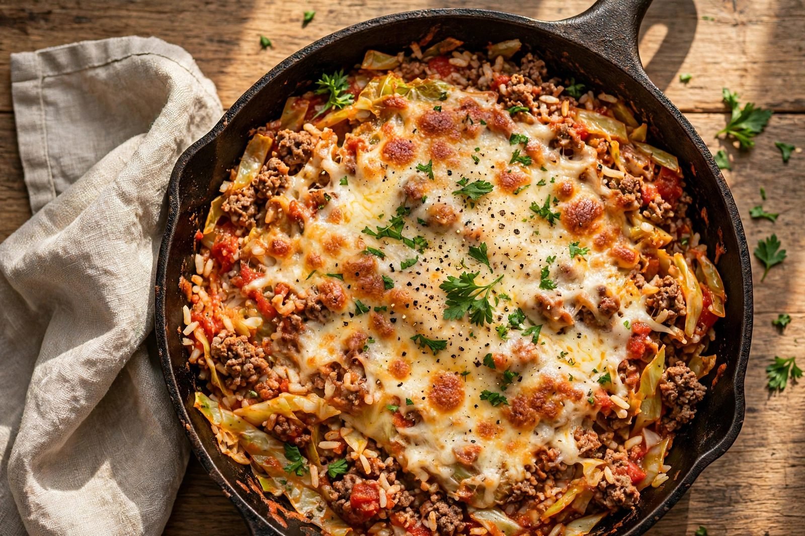 Overhead view of a bowl of unstuffed cabbage roll skillet with melted cheese