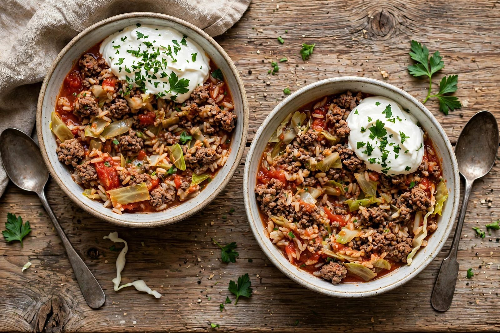 Two bowls of unstuffed cabbage roll skillet with parsley and sour cream