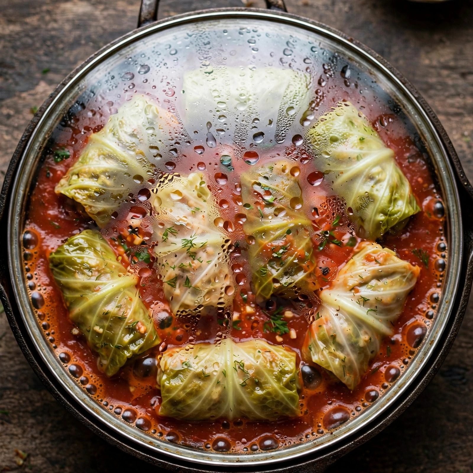 Cabbage roll skillet simmering covered with steam rising