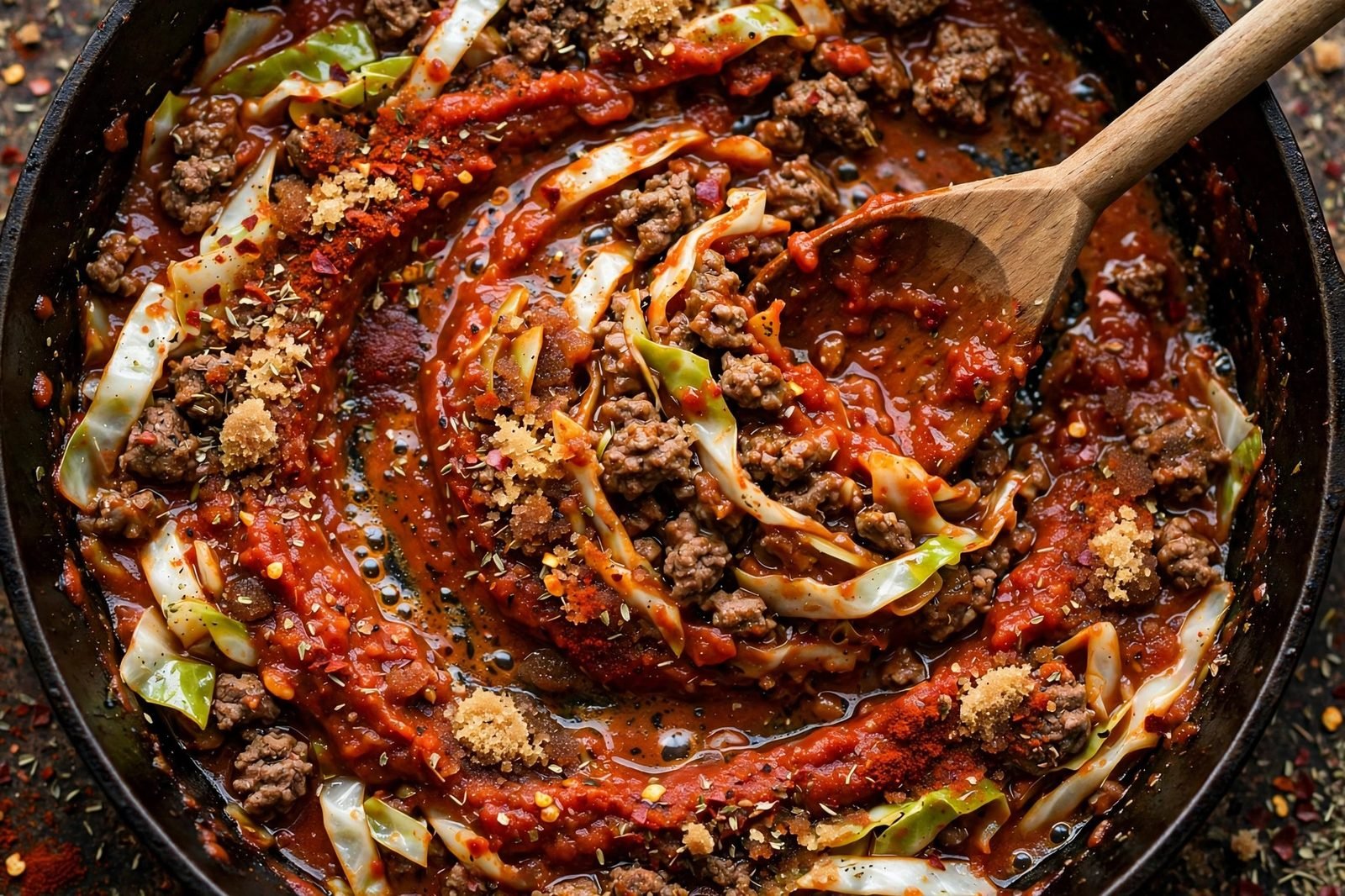 Tomato paste and seasonings stirred into the beef and cabbage skillet