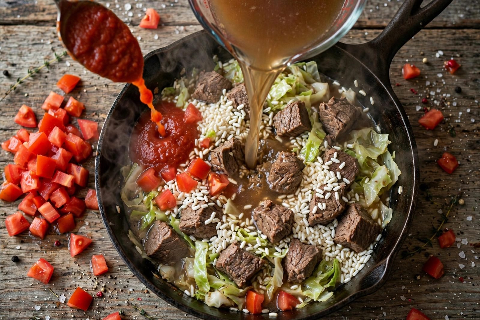 Diced tomatoes, broth, and instant rice added to the cabbage roll skillet