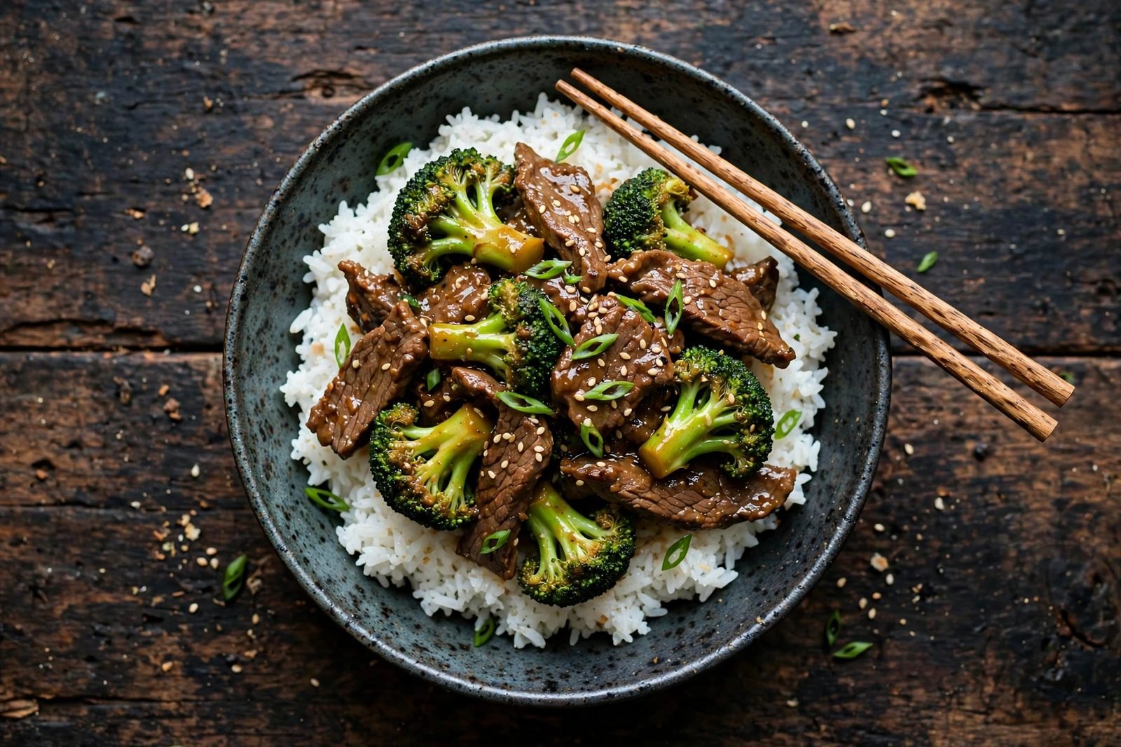 Overhead bowl of beef and broccoli with chopsticks resting on the rim
