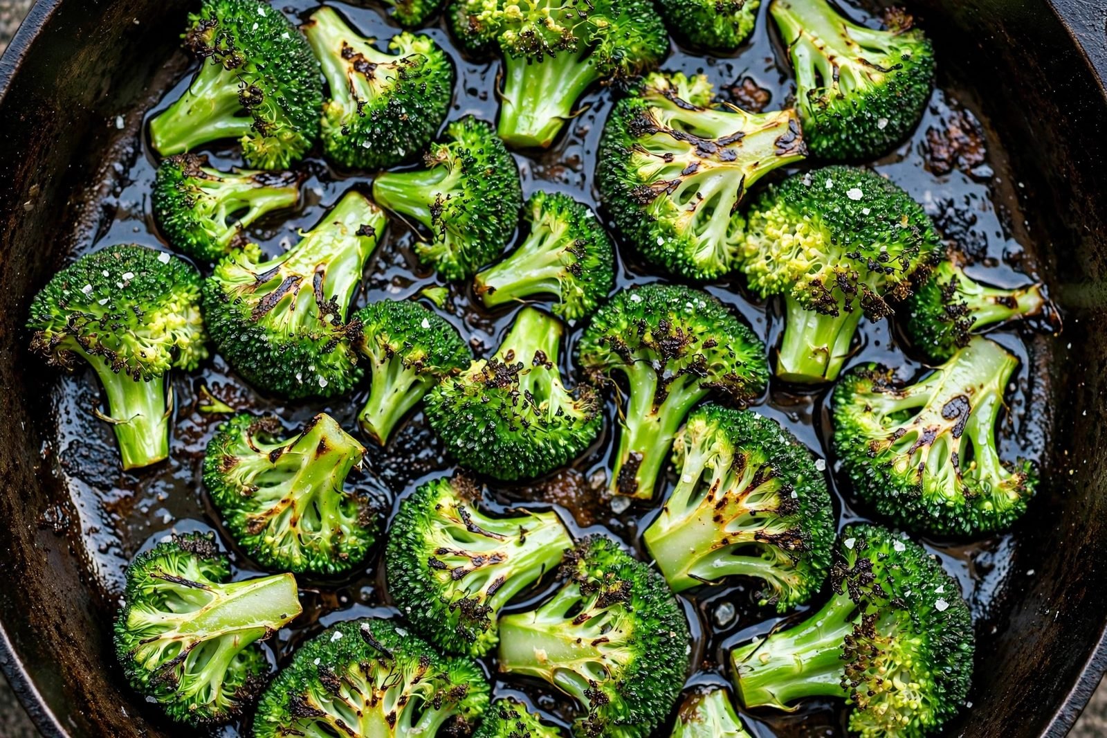Broccoli florets charring in the pan with light char marks