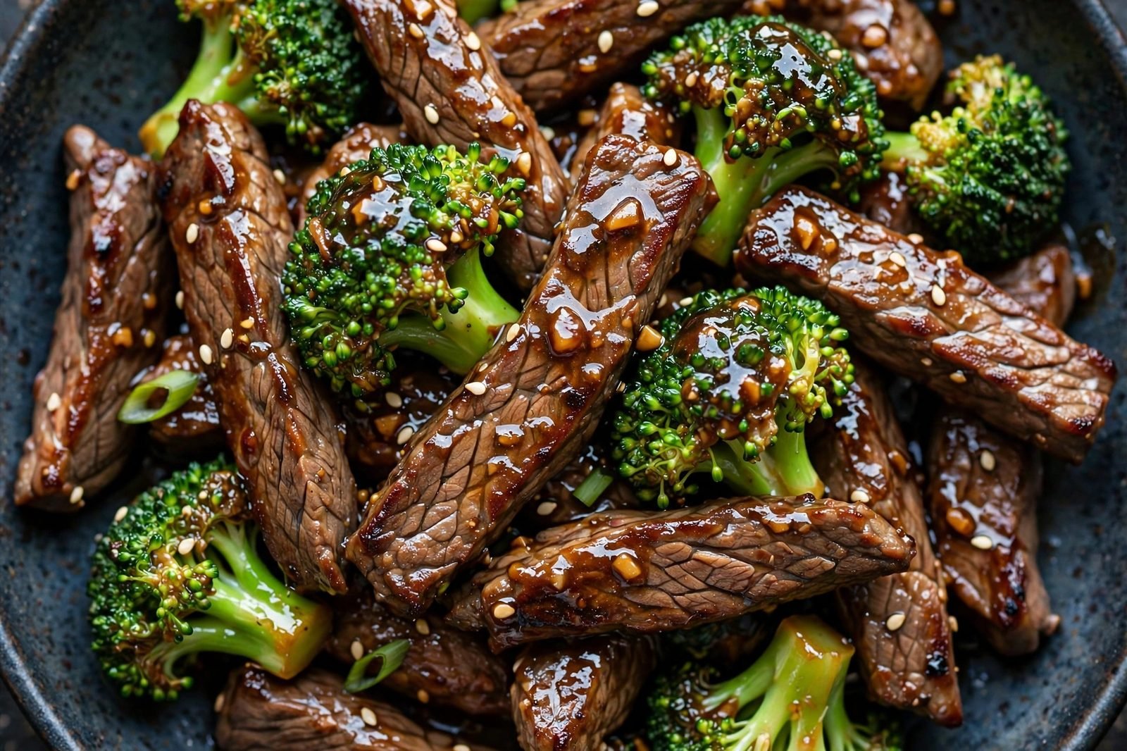 Close-up of glossy sauced beef and broccoli