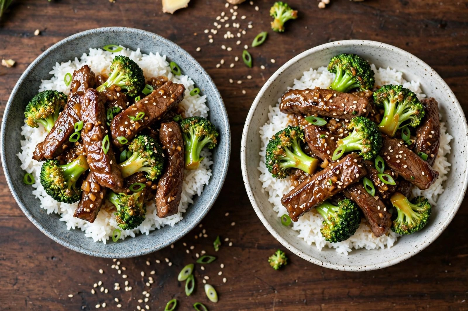 Overhead of beef and broccoli stir-fry bowls over jasmine rice with sesame seeds and green onions