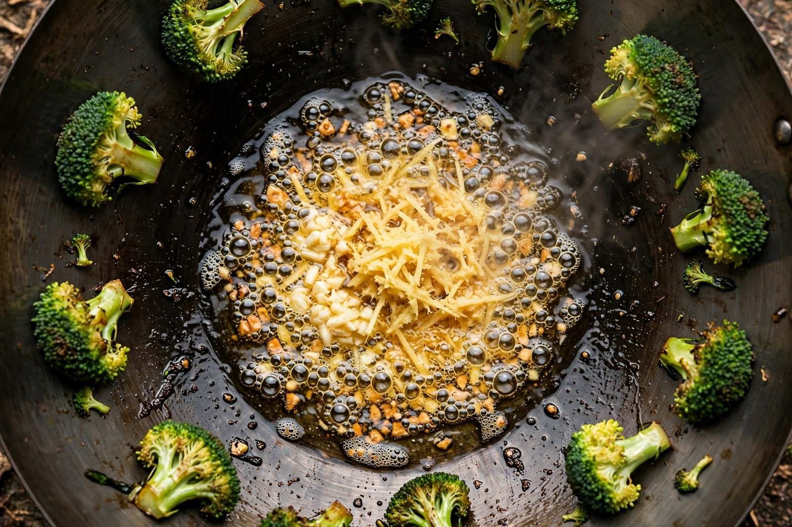 Minced garlic and grated ginger hitting the hot pan