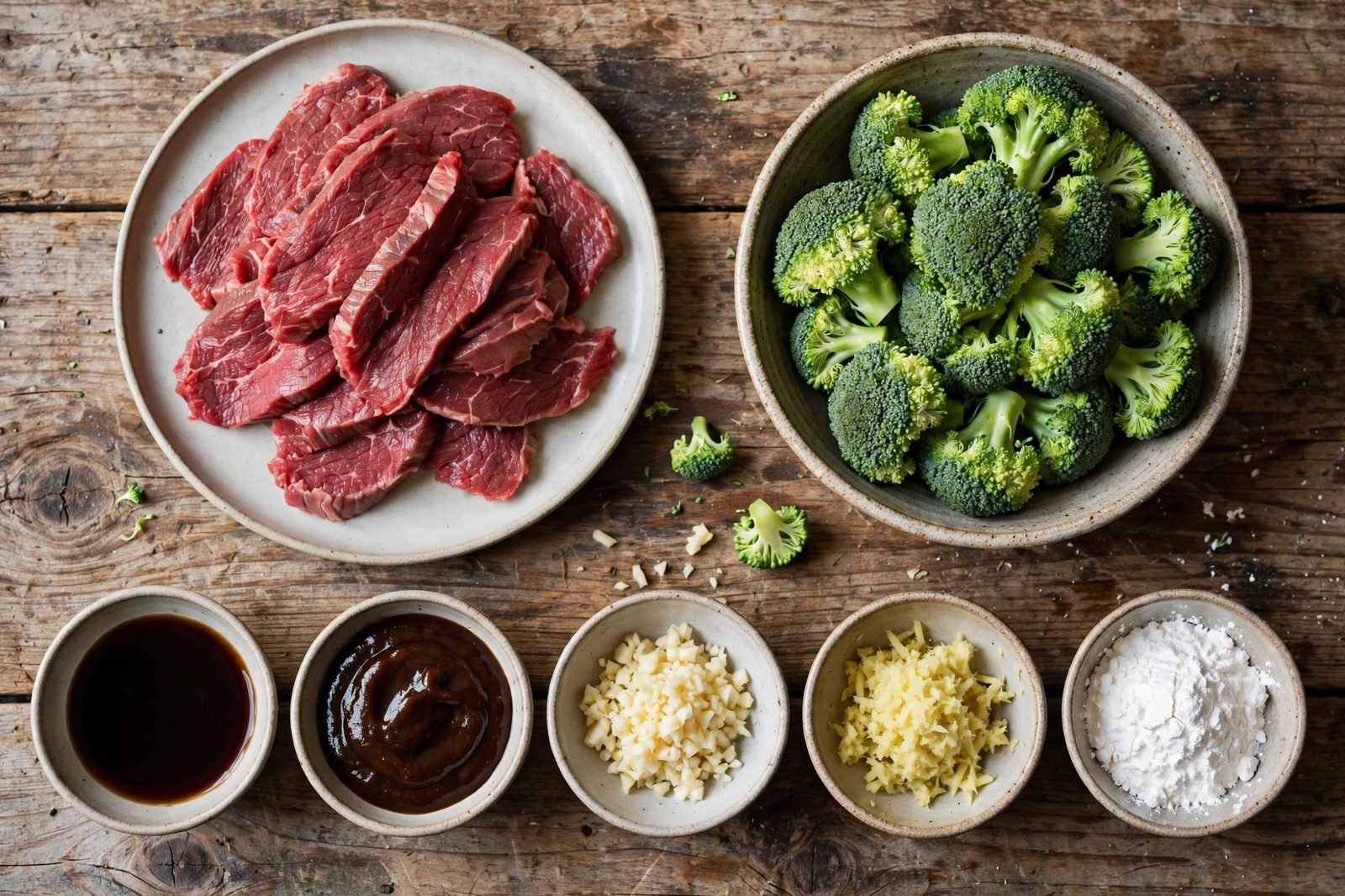 Ingredients for beef and broccoli stir-fry: sliced flank steak, broccoli florets, sauce ingredients in small bowls