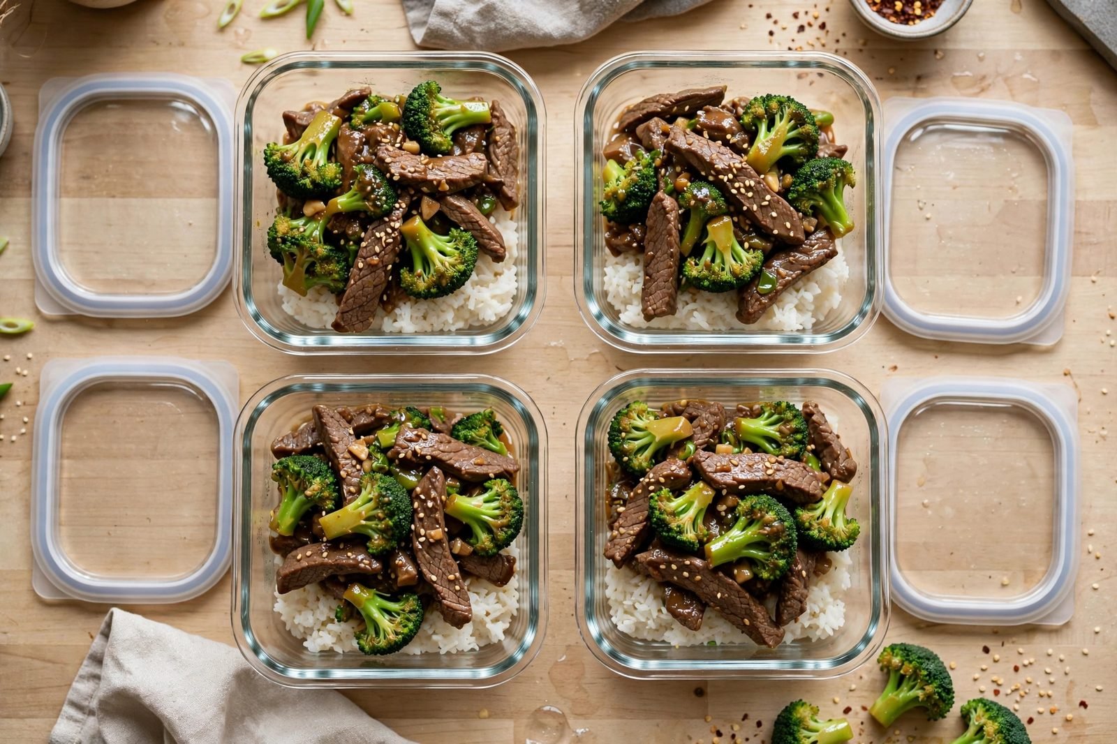 Meal-prep containers with rice and stir-fry in compartments