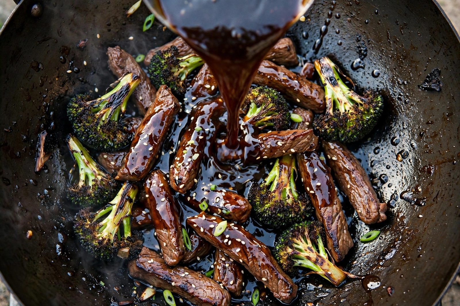 Sauce poured over beef and broccoli, turning glossy