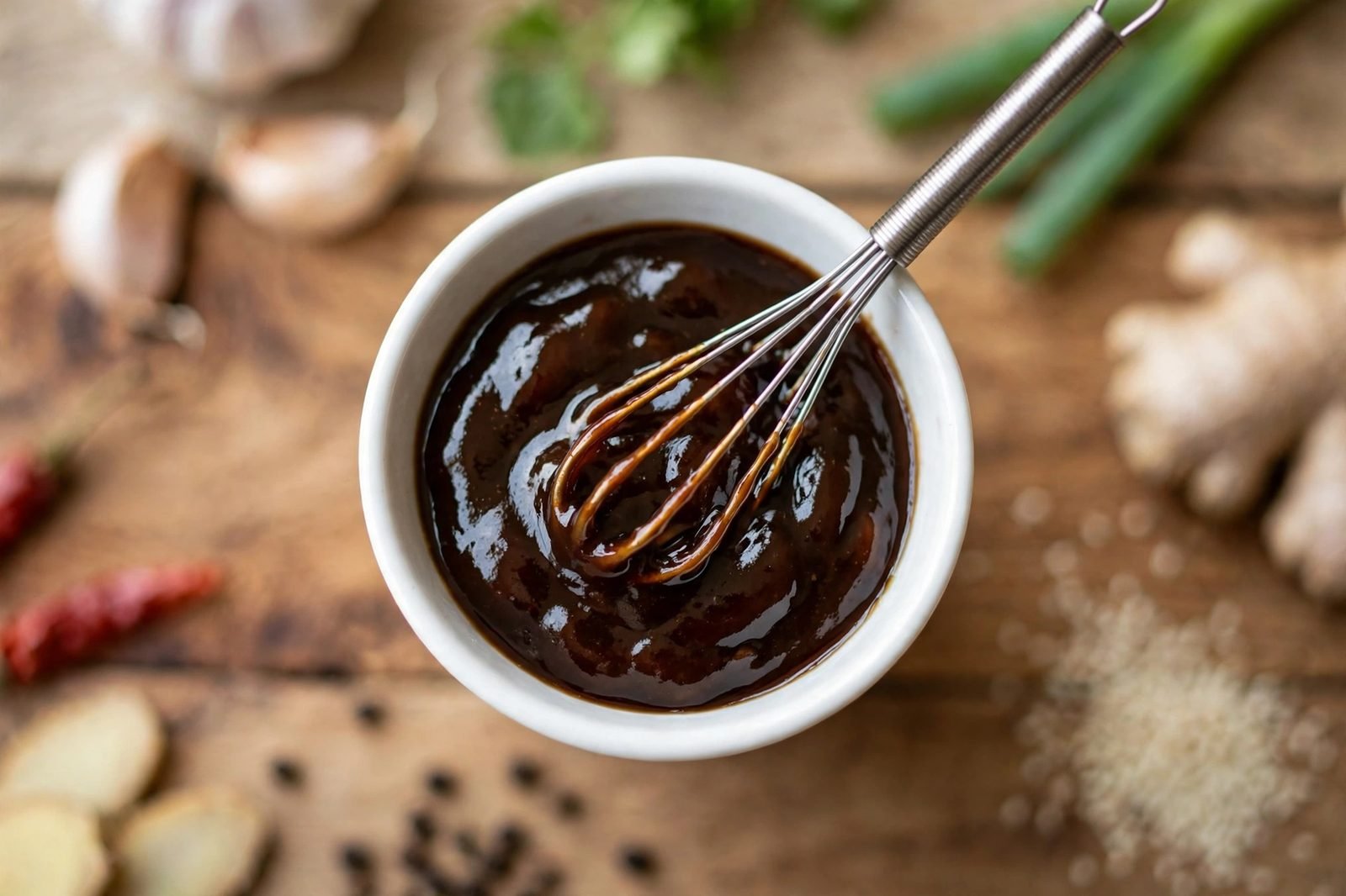 Glossy stir-fry sauce being whisked in a small bowl