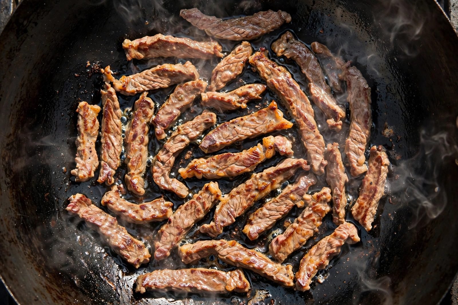 Beef strips searing in a ripping-hot wok