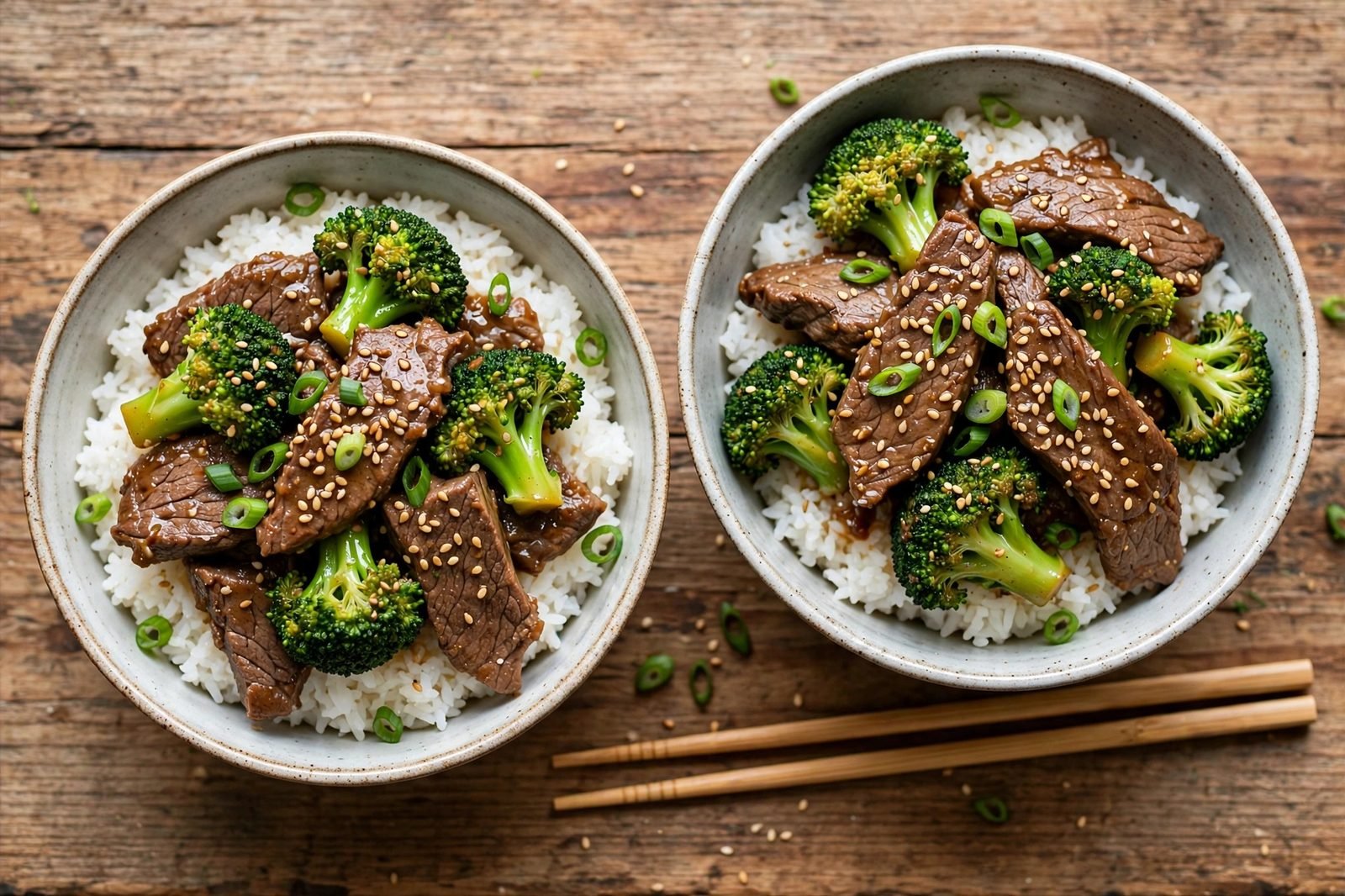 Served bowls of beef and broccoli over rice with sesame and green onions