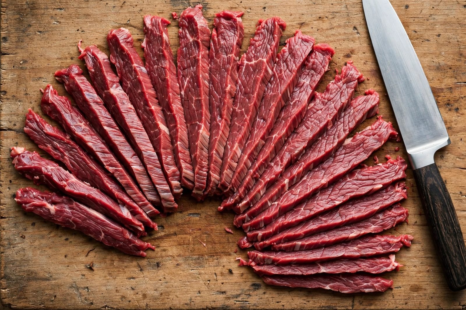 Flank steak being sliced thinly against the grain on a cutting board