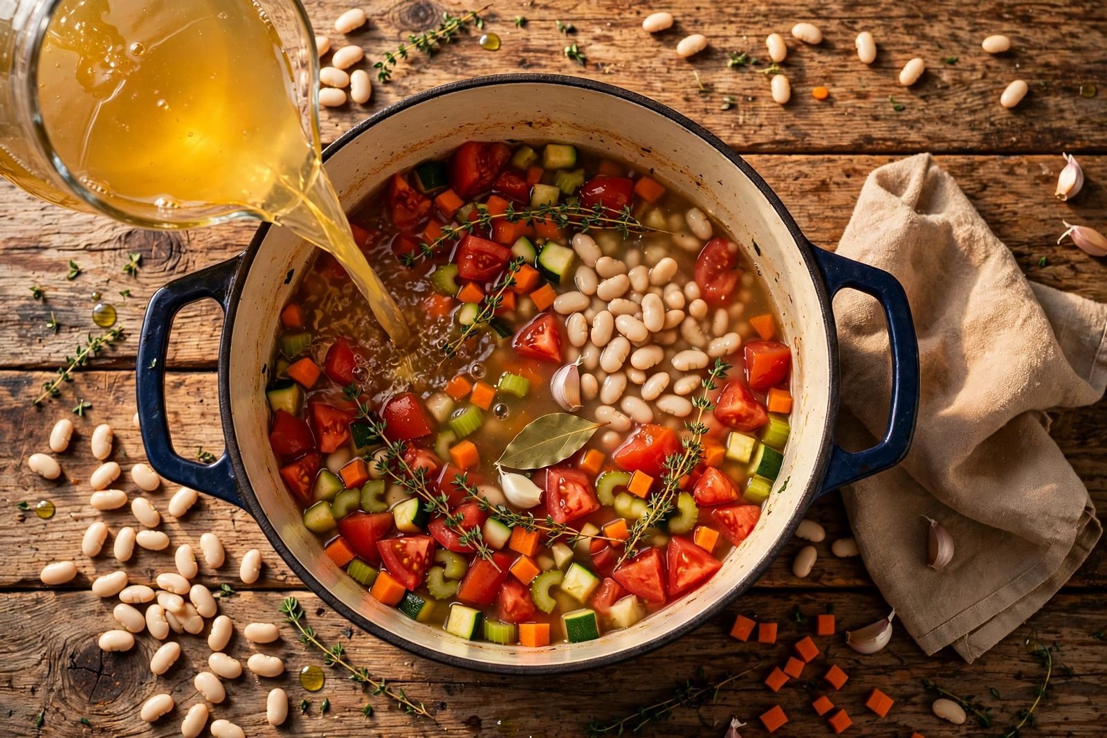 Cannellini beans and chicken broth being poured into the pot