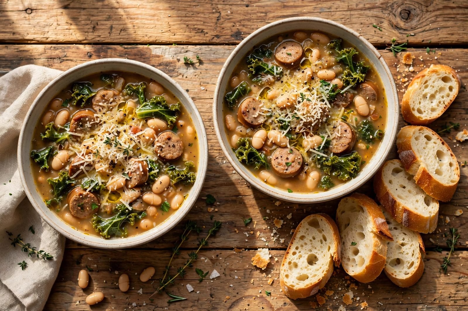 Two bowls of white bean kale sausage soup with bread on a wooden table