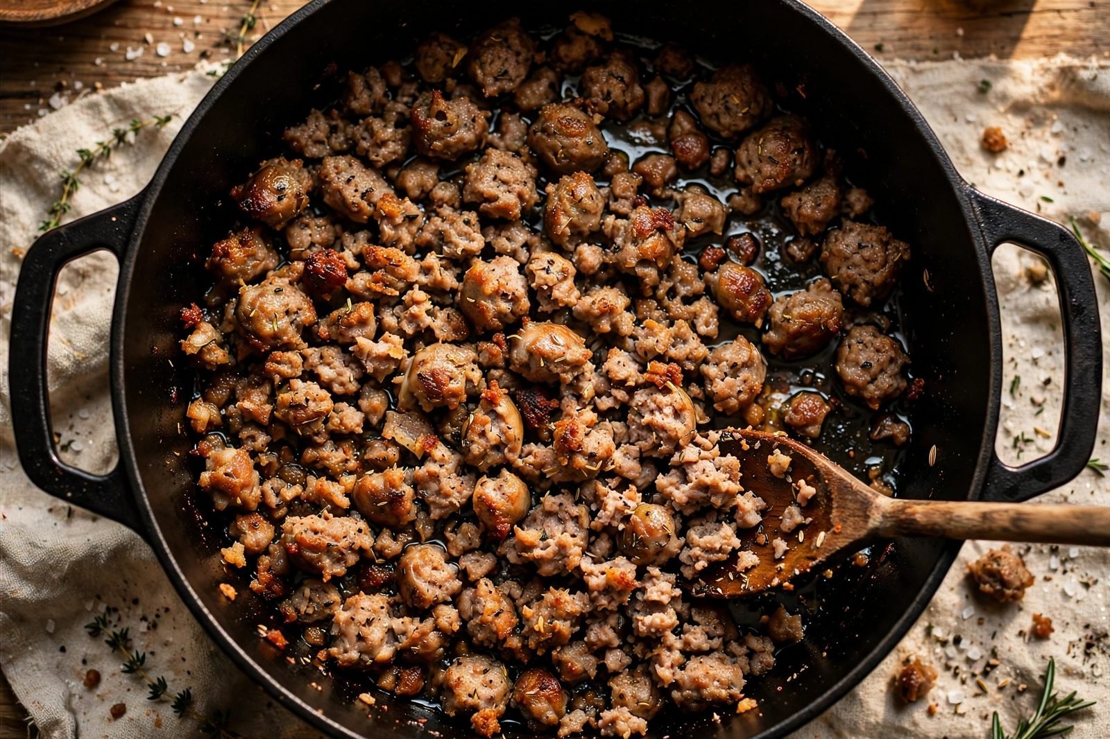 Sausage crumbles browning in a Dutch oven