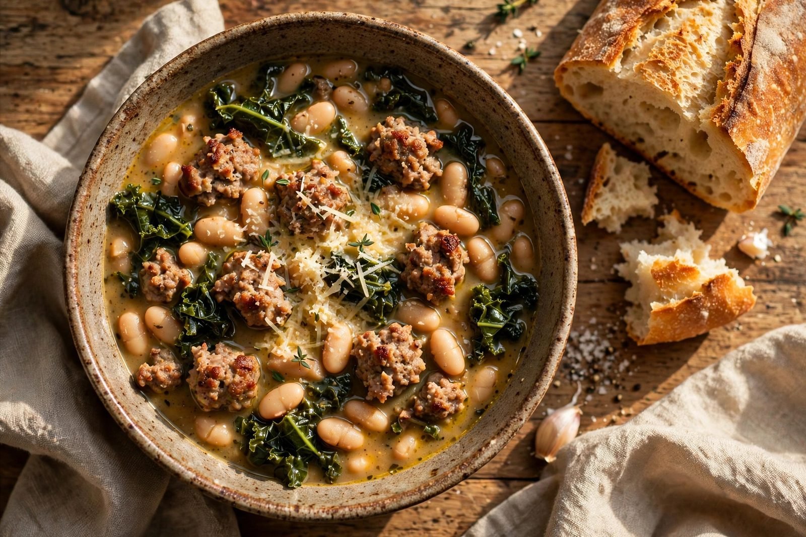 Overhead of a finished soup bowl with sausage crumbles, kale, white beans, Parmesan, and crusty bread alongside