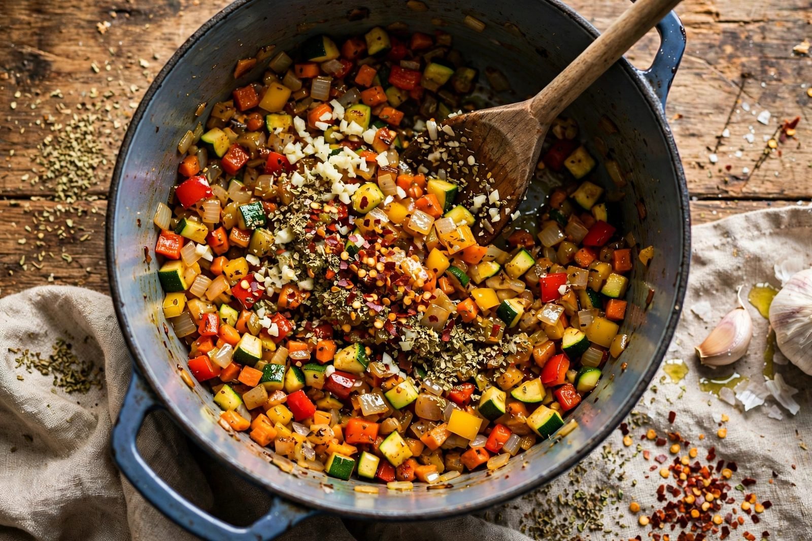 Minced garlic, oregano, and red pepper flakes stirred into vegetables