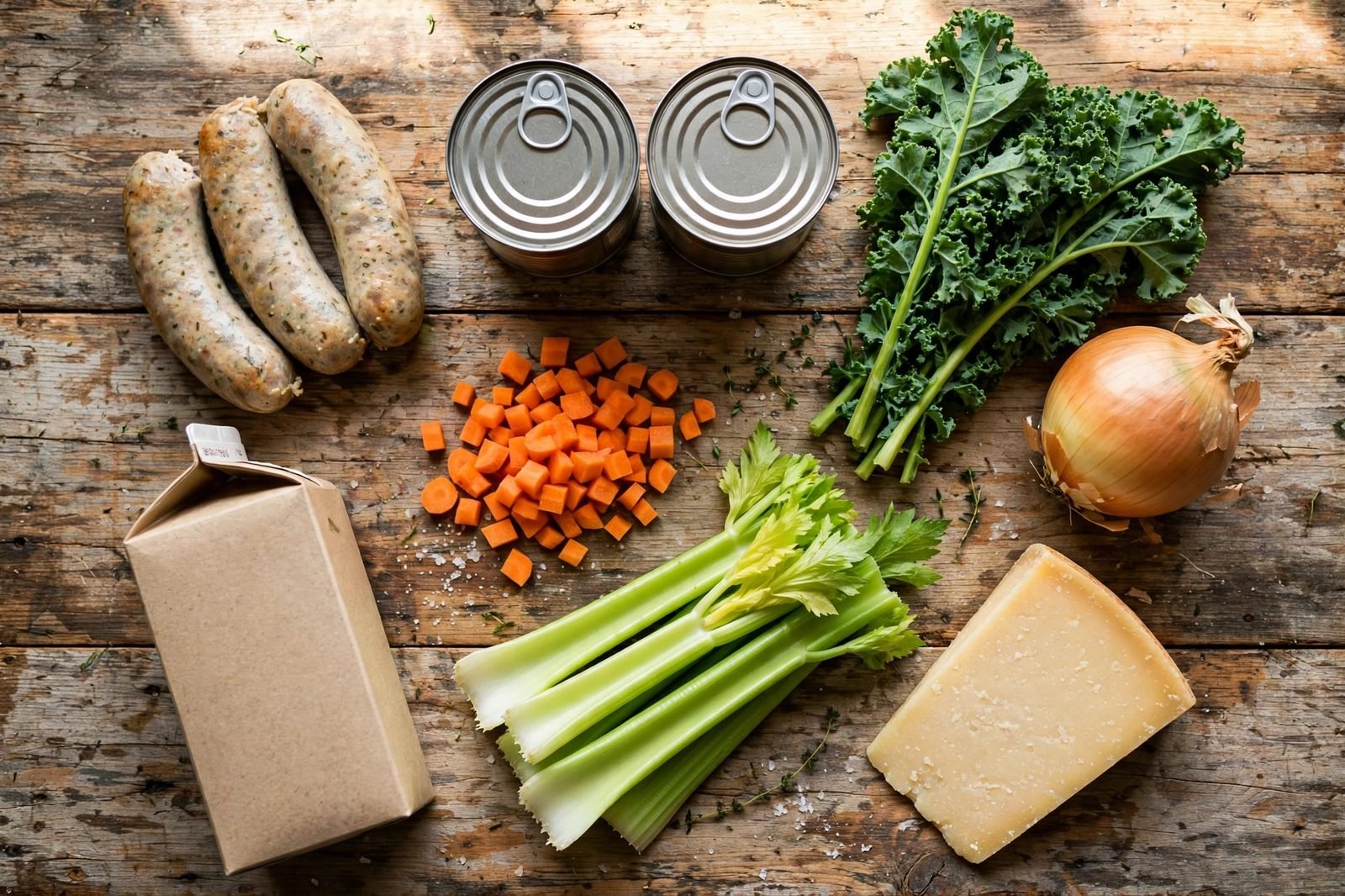 Ingredients for white bean kale sausage soup: sausage links, cannellini beans, kale, carrots, celery, broth, Parmesan
