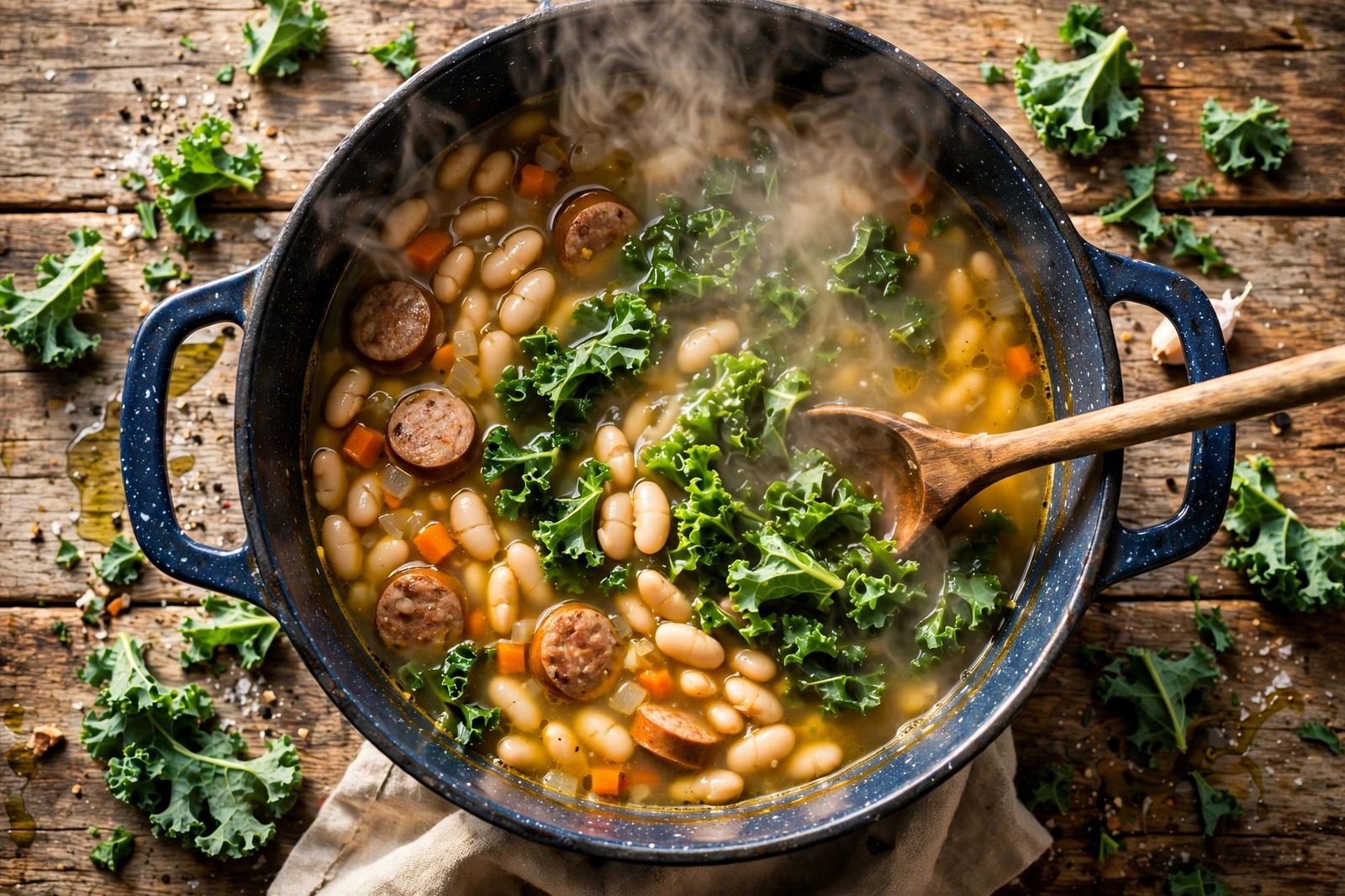 Bright green chopped kale being stirred into the hot soup