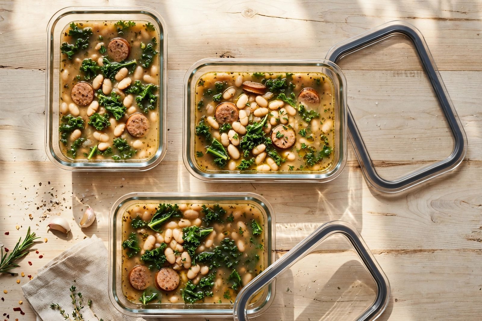 Glass meal-prep containers filled with soup