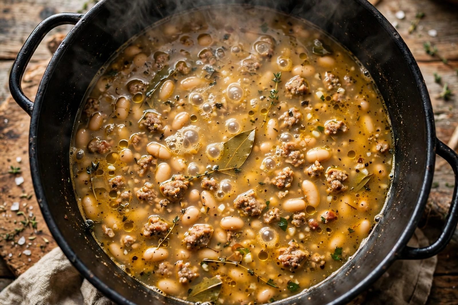 Soup at a steady simmer in a Dutch oven with steam rising