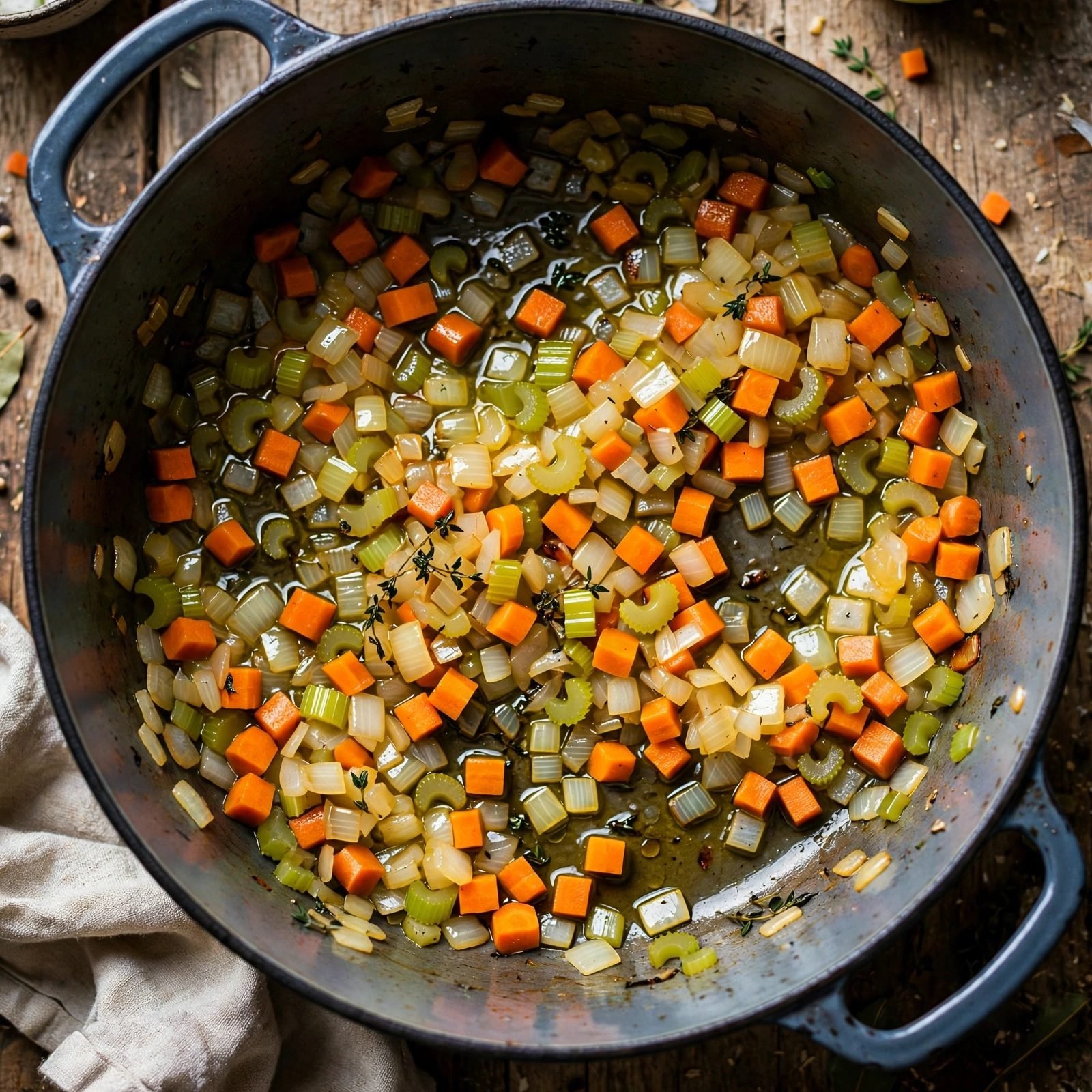 Diced onion, carrots, and celery softening in the pot