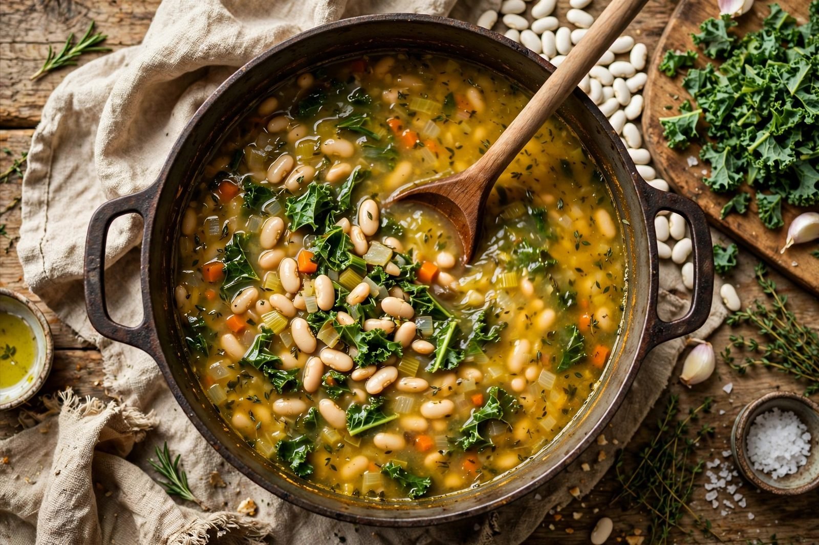 White beans and chopped kale stirred into the soup