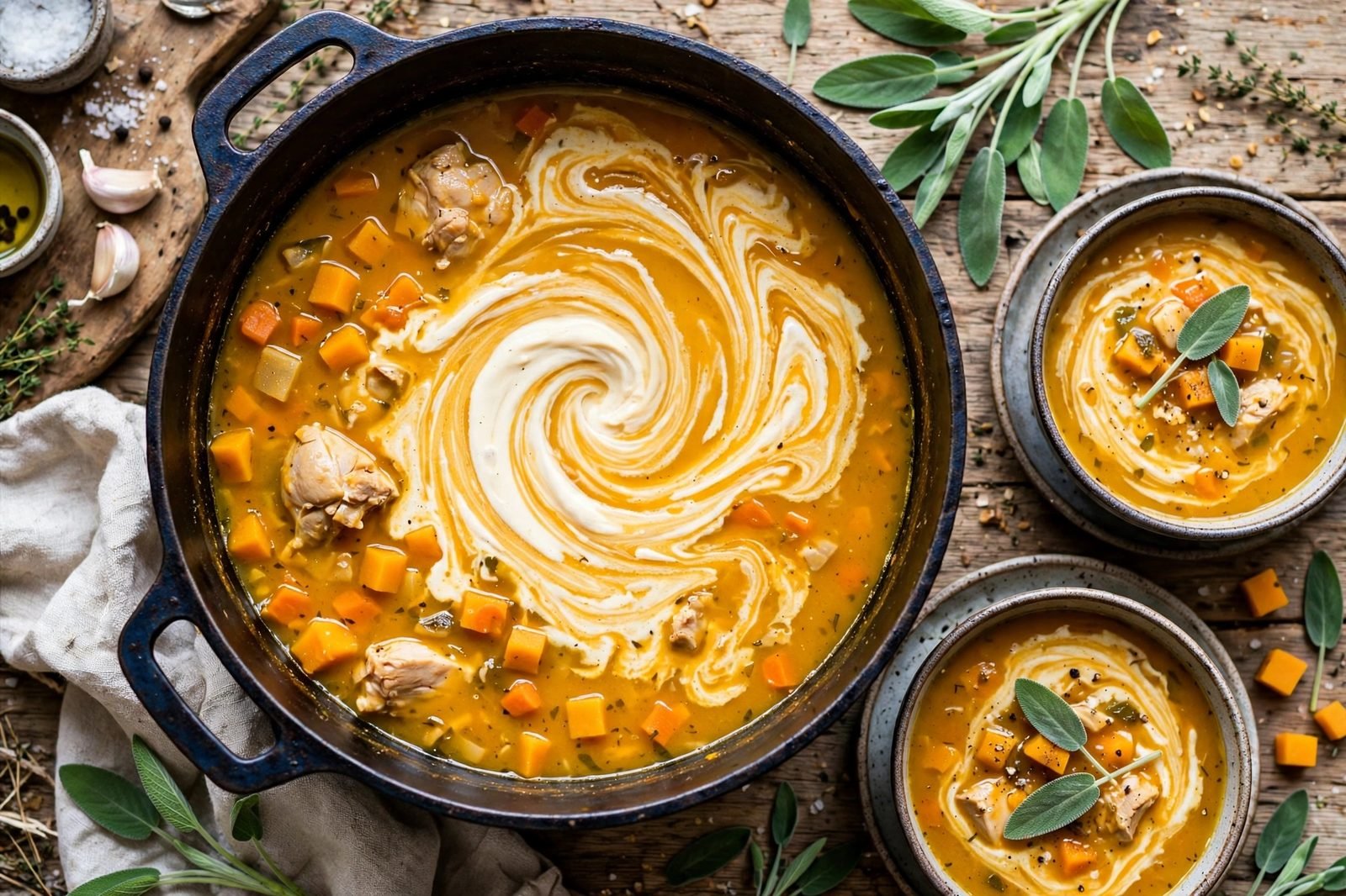 Cream swirled into the finished harvest chicken soup