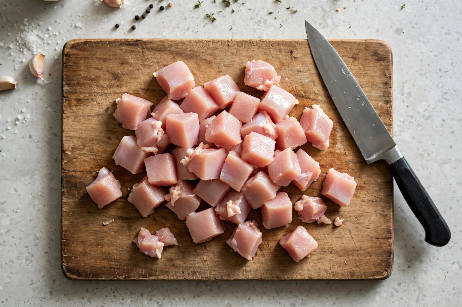 Raw chicken breast cut into small cubes on a cutting board