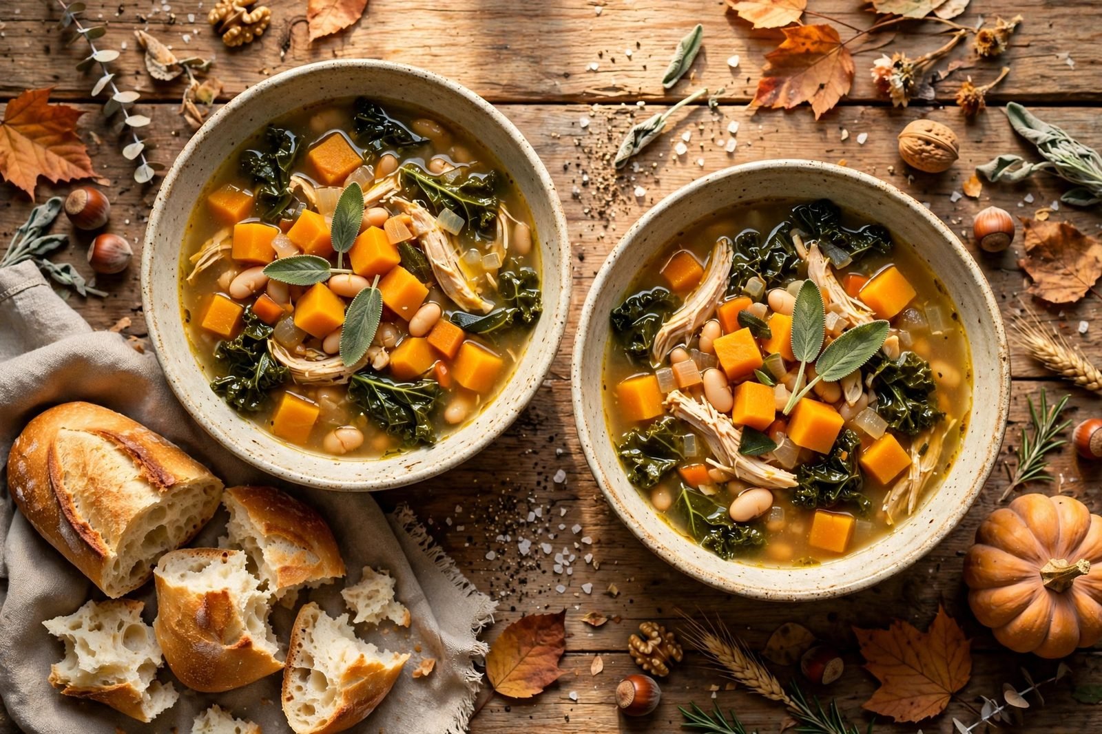Bowls of harvest chicken and butternut squash soup with white beans, kale, and crusty bread