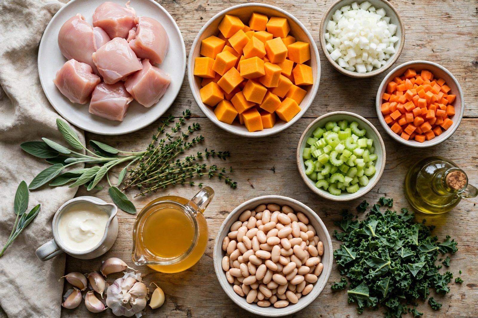 Ingredients for harvest chicken and butternut soup arranged on a kitchen counter