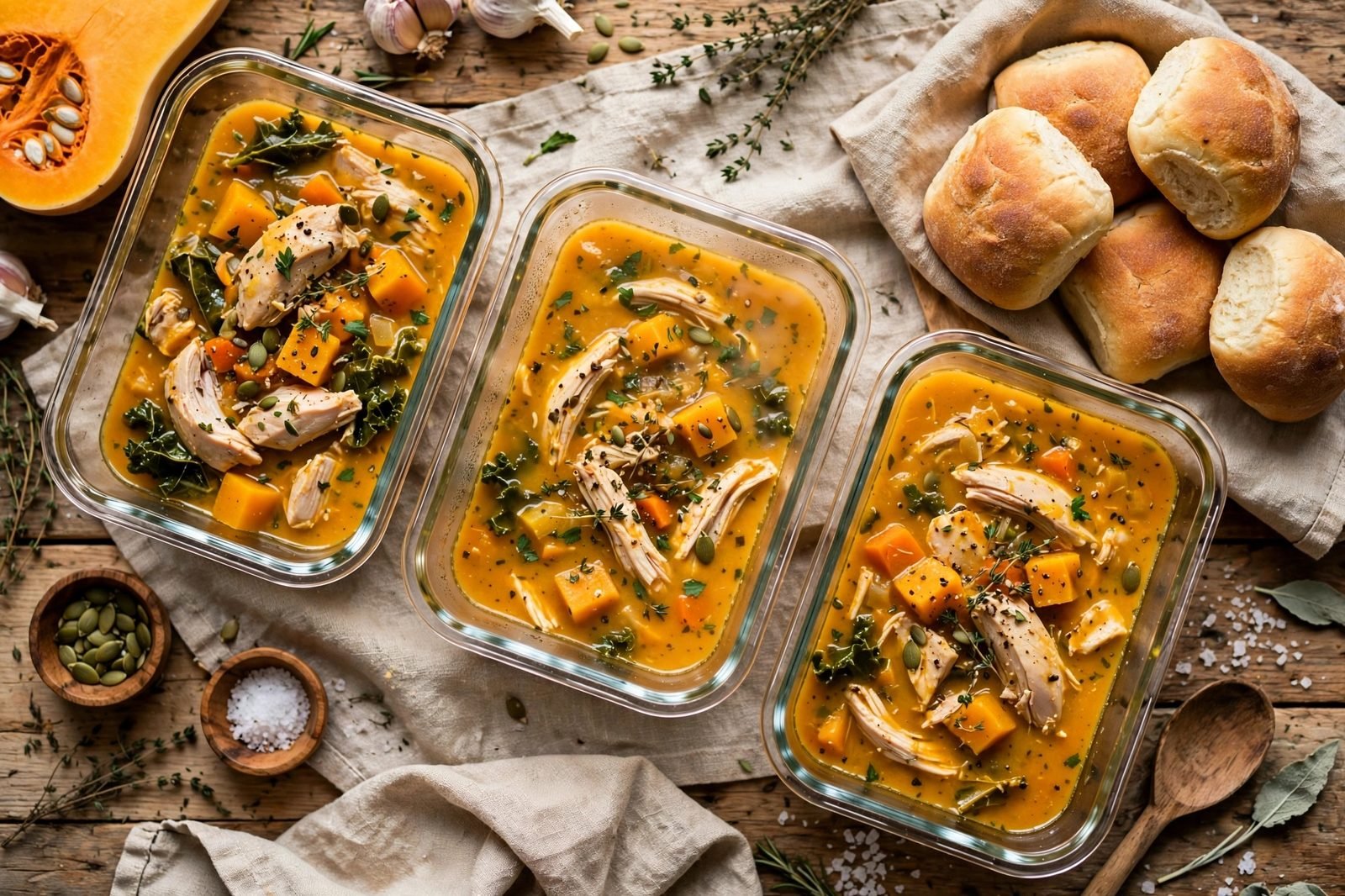 Glass meal-prep containers filled with harvest chicken soup